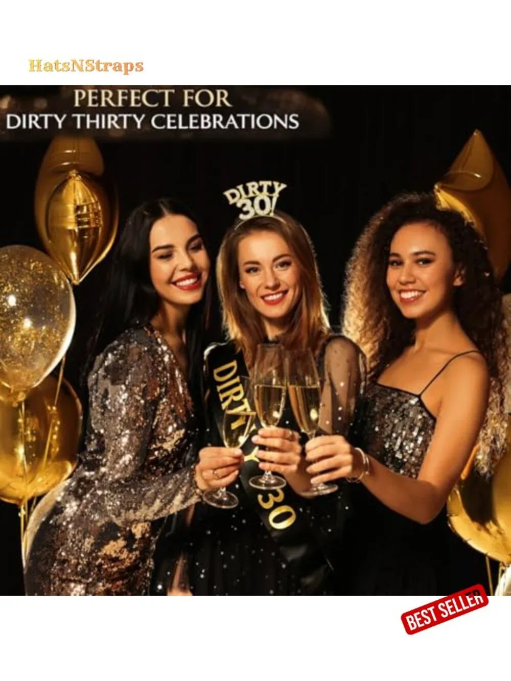 Gold Rhinestone Crown Headband & Black Sash Set for 30th Birthday